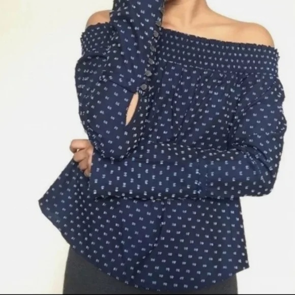 Derek Lam 10 Blue Clip Dot Off The Shoulder Top Size  4 NEW - Picture 2 of 9